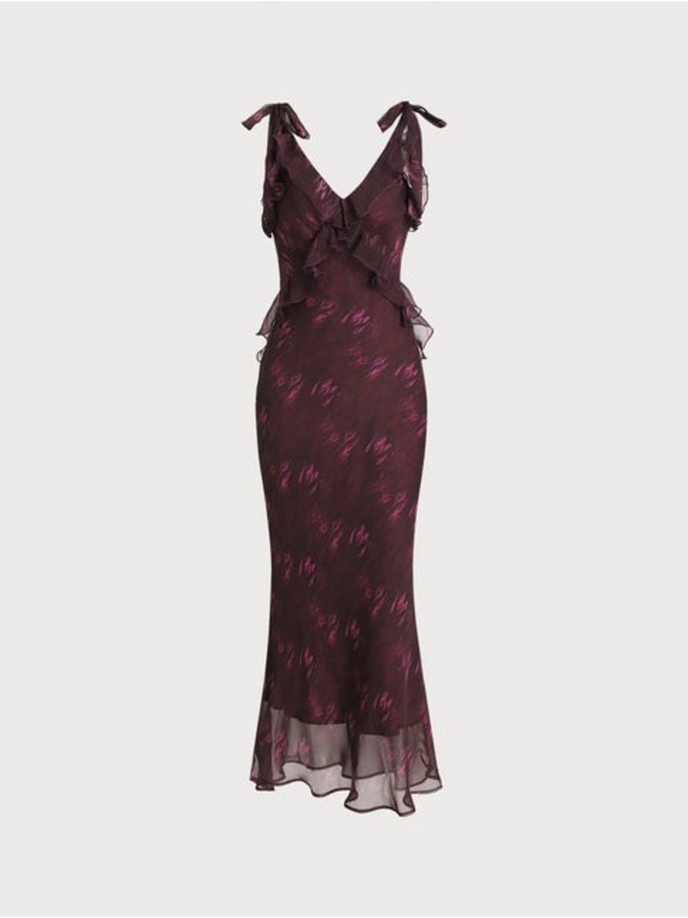 RIHOAS Plum Floral Ruffle Tie-Shoulder Maxi Dress